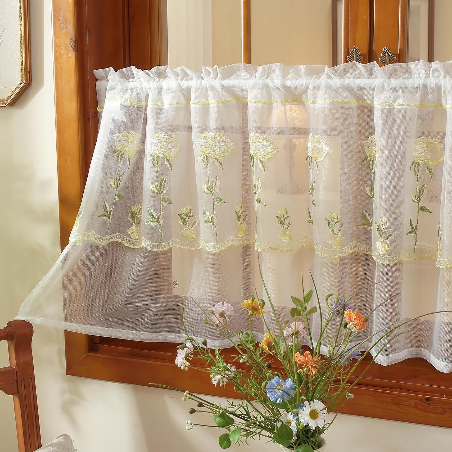 2 Panels Yellow Rose Sheer Valances for Windows Double-Layered Lace Floral Embroidered Kitchen Curtains Over Sink Cafe Curtain, Window Short Small Drapes(Yellow,39"x18")
