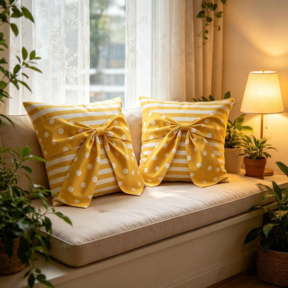 Yellow Big Bows Throw Pillow Covers Set of 2, Linen Pillow Covers with Striped Polka Dot Print, Spring Summer Decorative Cushion Cases for Safa Couch Home Decor, Yellow-Dot, 18X18 Inch