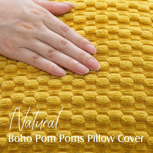 OTOSTAR Pom Poms Decorative Corduroy Throw Pillow Covers 22x22 Inch Super Soft Boho Striped Square Cushion Covers Case Geometric for Sofa Couch Bedroom Car Decor Set of 1, Yellow
