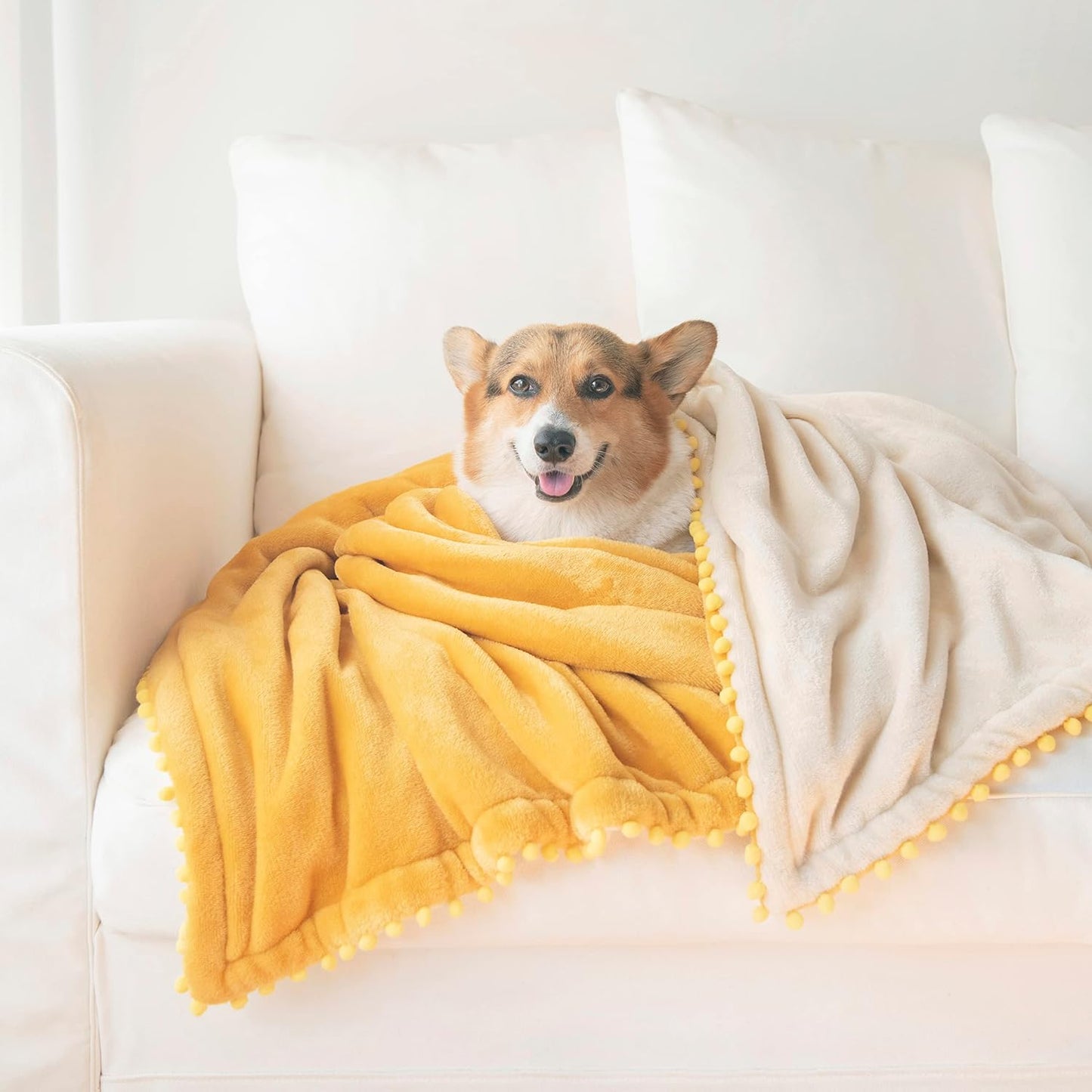 MONDAY MOOSE Cozy Fleece Throw Blanket with Pom Pom Fringe, Super Soft Blanket, Double-Sided Designs, for Couch Bed Sofa Home Decor (50x60 inch, Yellow/Beige)