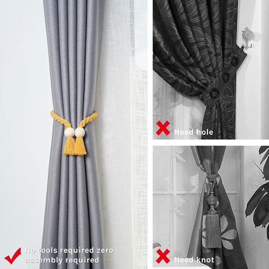 NICEEC 4 Pack Wooden Ball Magnetic Curtain Tiebacks Boho Home Decor Drape Tie Backs Natural Cotton Hand Woven Rope Curtain Holdbacks for Thin & Thick Home & Office Window Draperies (Yellow)