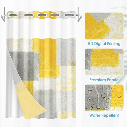 No Hook Abstract Yellow Grey Shower Curtain with Snap in Fabric Liner Set, Contemporary Modern Double Layers Waterproof Fabric with See Through Top Window Open Grommet Bath Curtain 71x74 Inch