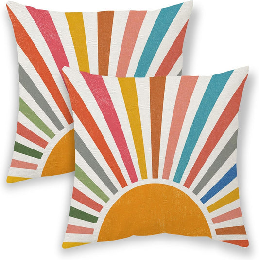 Boho Rainbow Sun Pillow Covers 18x18 Inch 2 Pcs Summer Colorful Stripes Yellow Sunshine Outdoor Throw Pillows Spring Summer Sunshine Sun Holiday Pillowcases Linen Decor Cushion Covers for Sofa Couch