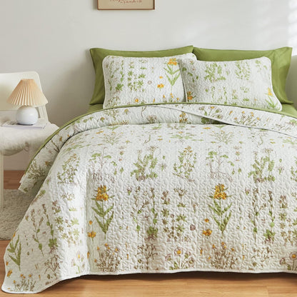 Joyreap 3 Pieces Reversible Quilt Set, Smooth Soft Microfiber Quilt, Yellow Flowers Green Leaves Botanical Design, Bedspread Bed Cover for All Season, 1 Quilt n 2 Pillow Shams (King, 102x90 inches)
