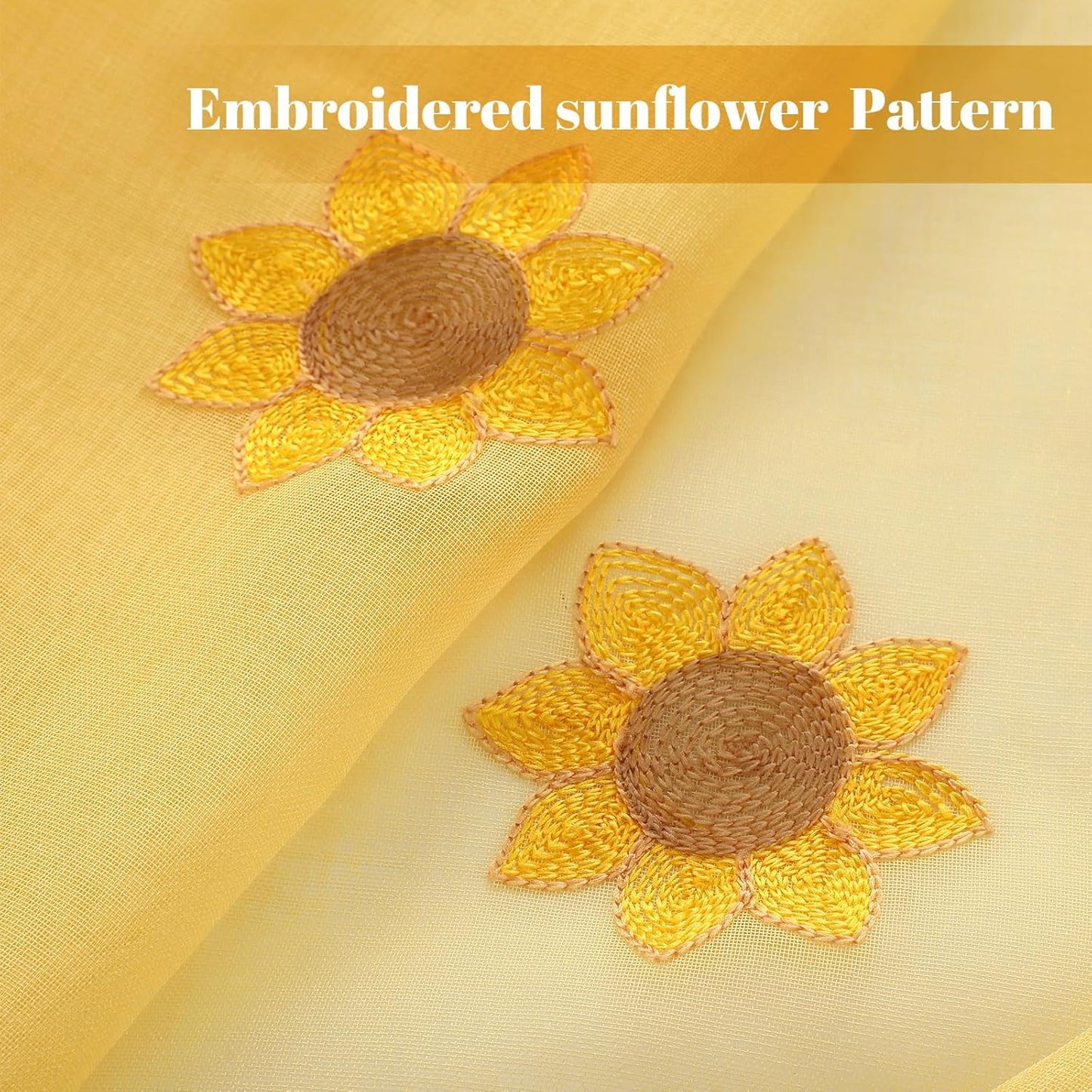 Tegeme 2 Panels Yellow Sunflower Sheer Curtains for Girl Boy Bedroom 84 Inches Long Embroidered Voile Curtains Decorative Coquettish Sheer Shades Linen Semi Window Decor for Summer Home Party Office