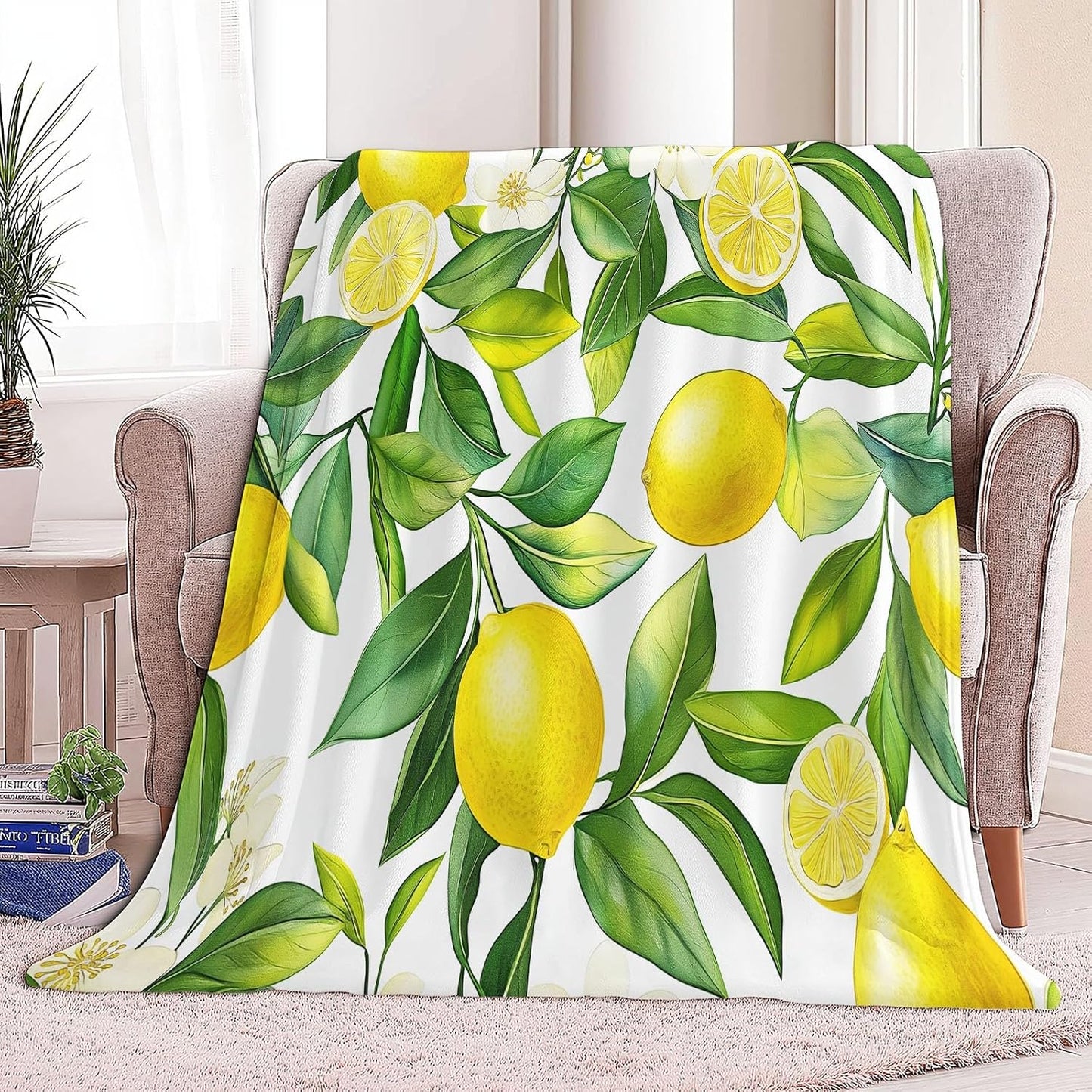 Yellow Green Kids Throw Blanket, Watercolor Plant Lemon Print Blankets for Boys Girls, Warm Lightweight Plush Throw Fleece for Sofa Chair Couch Bed, 79 x 79 inch