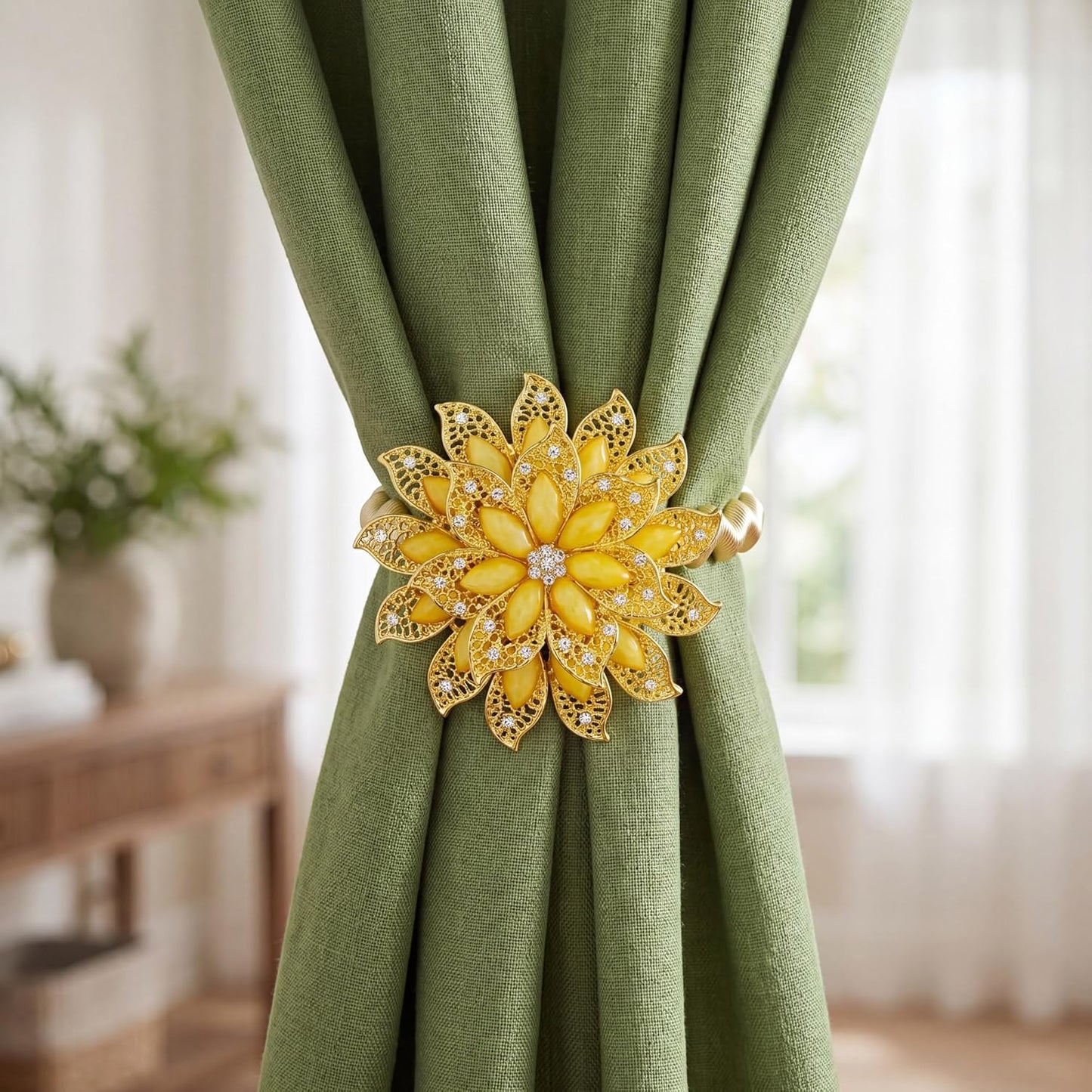 2 Pack Gold Yellow Flower Curtain Tiebacks Window Holdback Buckles | Tie Backs Holders Stretchable Wire Rope Amber Warm Accent Bright Elegant Toolless Clasp Flexible Loop Sheer Thick Panels