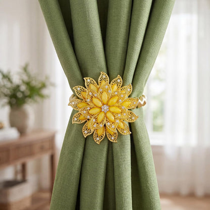 2 Pack Gold Yellow Flower Curtain Tiebacks Window Holdback Buckles | Tie Backs Holders Stretchable Wire Rope Amber Warm Accent Bright Elegant Toolless Clasp Flexible Loop Sheer Thick Panels