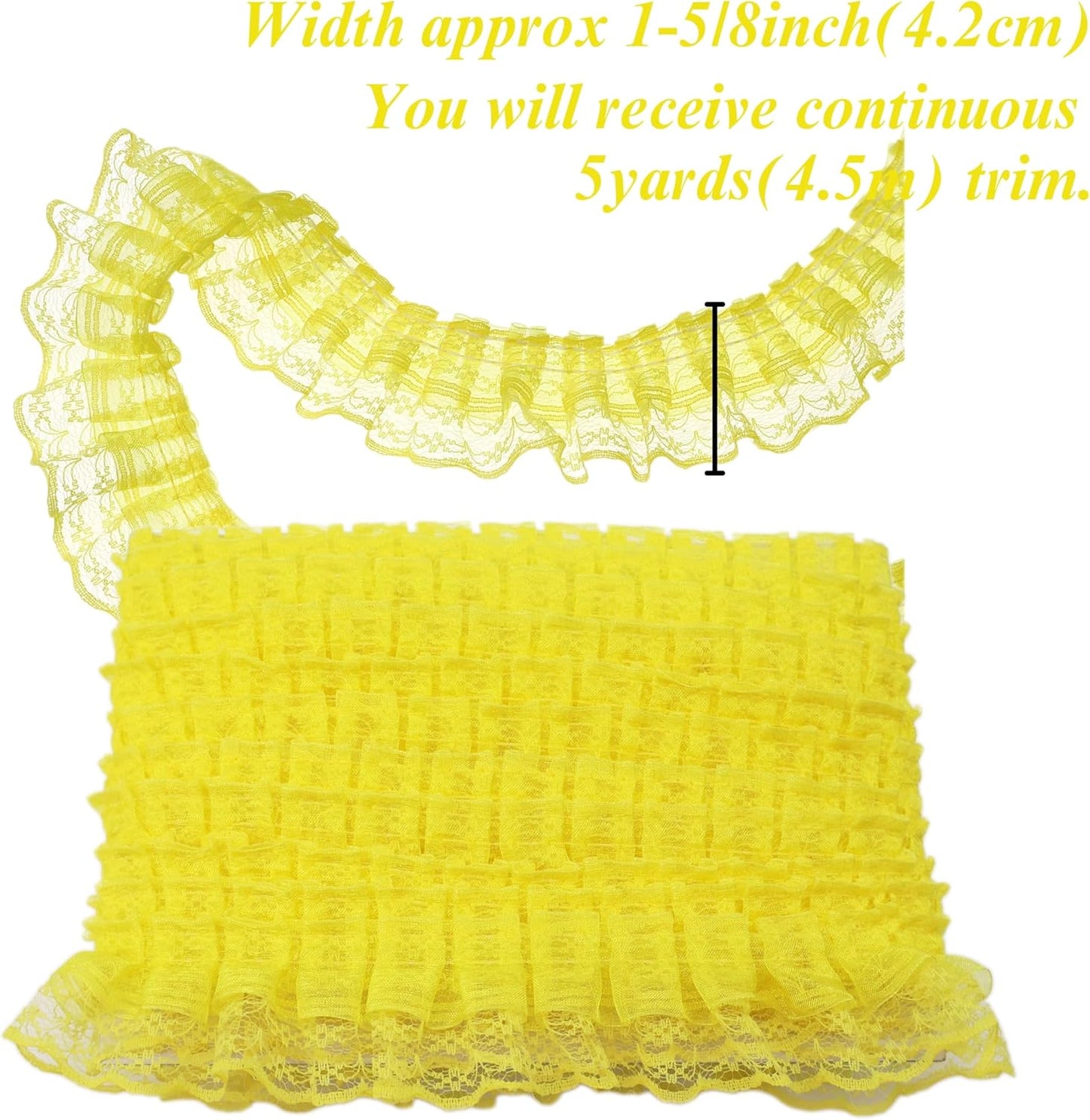 Yellow Lace Ruffle Trim for Crafts 1-5/8"x5yd 2-Layer Pleated Edge Lace Ribbon