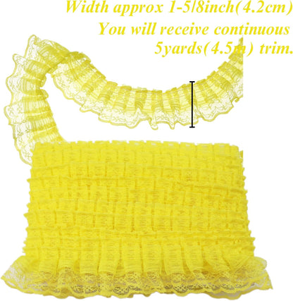 Yellow Lace Ruffle Trim for Crafts 1-5/8"x5yd 2-Layer Pleated Edge Lace Ribbon