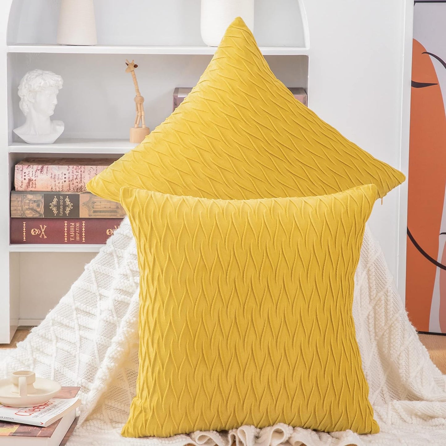 MADIZZ Set of 2 Super Soft Velvet Decorative Throw Pillow Covers 16x16 inch Lemon Yellow Square with Texture Luxury Style Cushion Case Pillow Shell for Sofa Bedroom