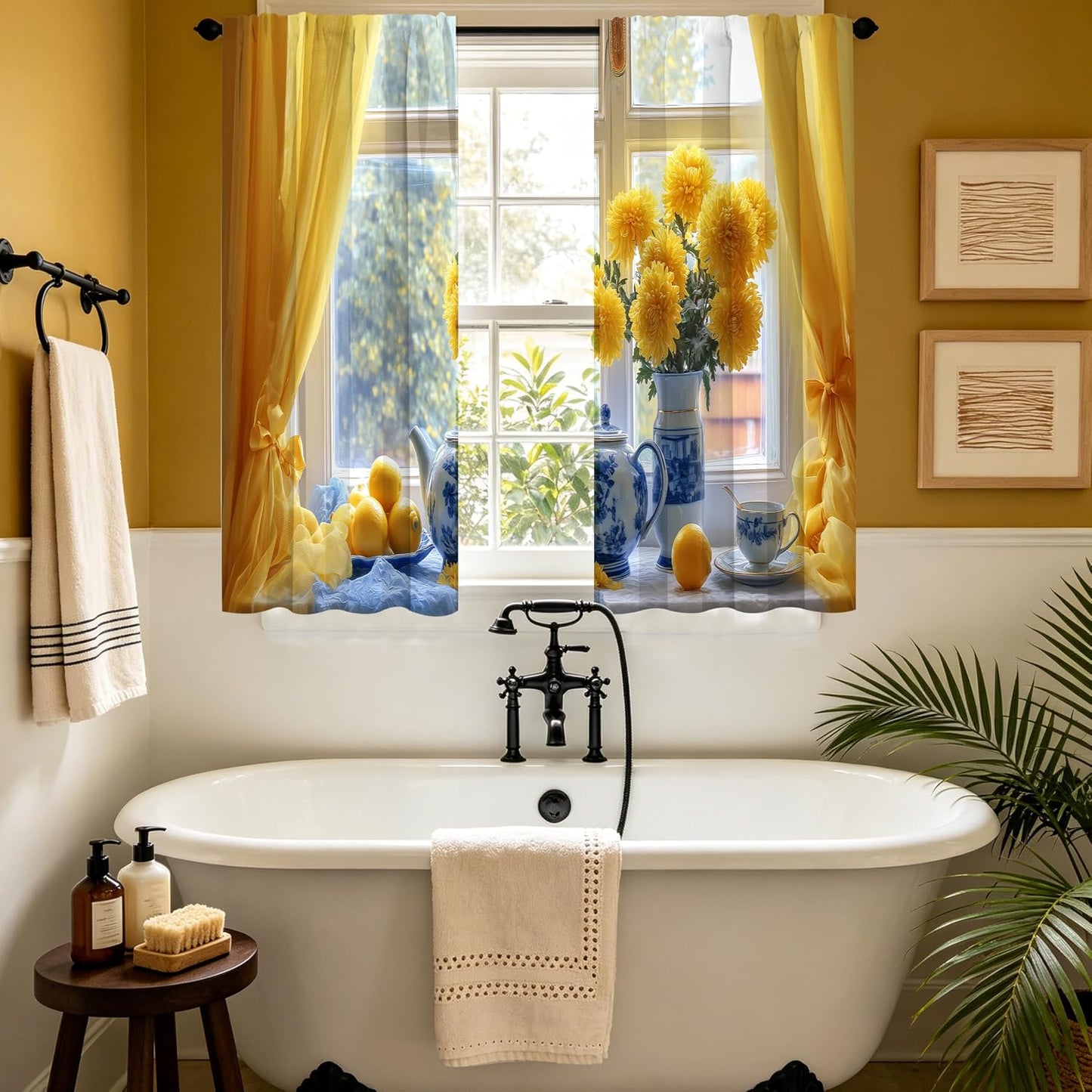 bassyil Yellow Flower Lemon Kitchen Curtains Cafe Curtains for Bathroom Dining Room Living Room Farmhouse Pocket Window Drapes 2 Panels Set Blackout Curtain 28"x36"