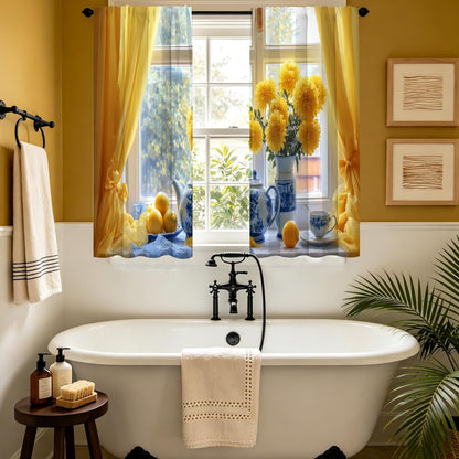 bassyil Yellow Flower Lemon Kitchen Curtains Cafe Curtains for Bathroom Dining Room Living Room Farmhouse Pocket Window Drapes 2 Panels Set Blackout Curtain 28"x36"