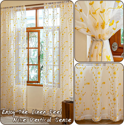 AmHoo 2 Panels Leaf Flora Embroidered Farmhouse Semi Sheer Curtain Voile Curtains for Living Room Bedroom Window Treatment White Gold Yellow 53 x 84 Inch