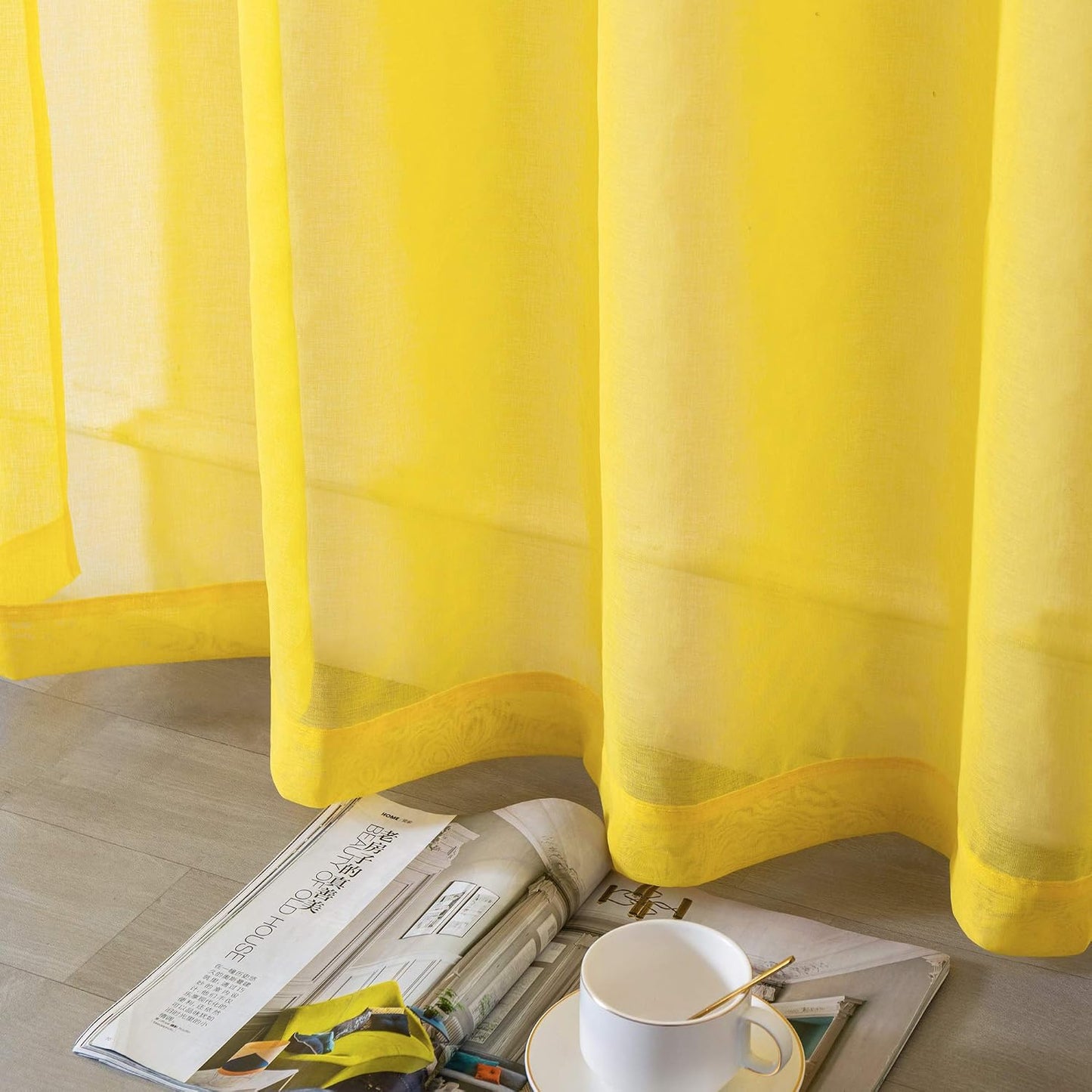 DUALIFE Yellow Sheer Curtains 54 Inch Length,Faux Linen Semi Sheer Curtain Drapes for Living Room Bedroom Nursery Kitchen Bathroom Privacy Voile Window Treatment Panels,Mustard,52 x 54 Inches,Set of 2