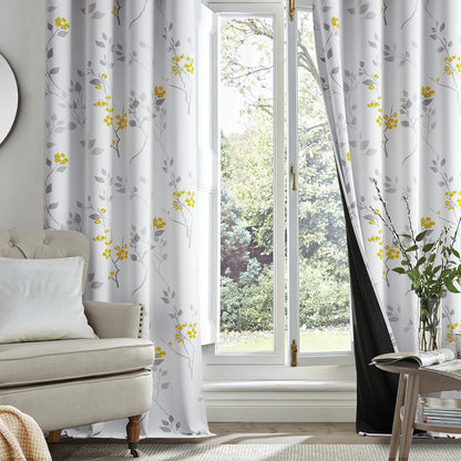 Beauoop Floral 100% Blackout Curtains 96 Inches Long 2 Panels for Bedroom Living Room Yellow Grey and White Flower Patterned Room Darkening Thermal Soundproof Grommet Window Treatments Drapes, 52X96