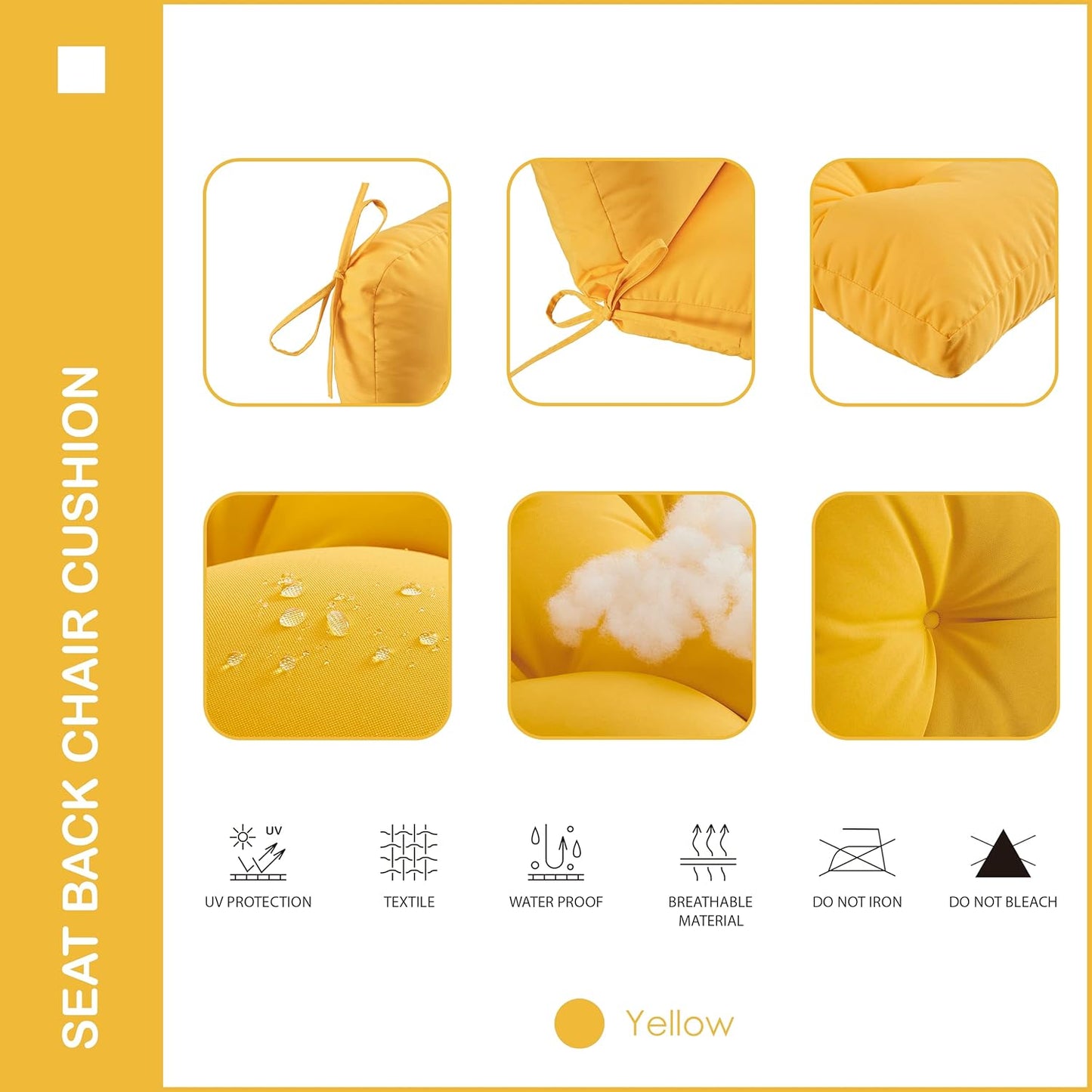 Outdoor Indoor Seat/Back Chair Tufted Cushion,All-Weather Patio Chair Cushion with Ties,for Patio Furniture,Yellow