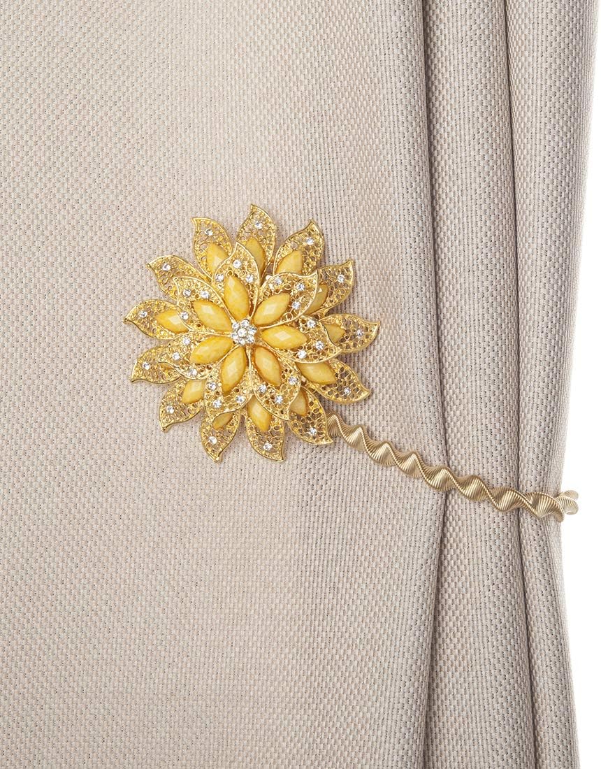 SUQ I OME Classic Luxury Big Crystal Magnetic Curtain Tieback and Holdback Flower Curtain Clips Buckle Curtain Holder Curtain Holdbacks(Gold+Yellow,2PCS)
