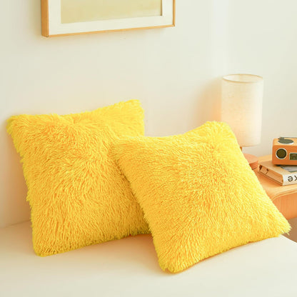 Plush Yellow Throw Pillow Cases Ultra Soft Fuzzy Fluffy Throw Pillow Covers with Furry Texture and Shaggy Touch, Faux Fur Cushion Shams for Sofa or Bed, Set of 2 with Zipper 18"x18"