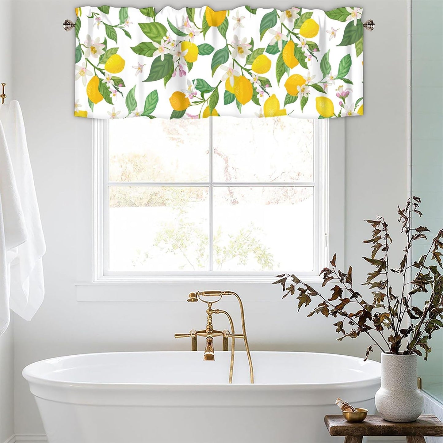 Floral Lemon Curtain Valances for Windows, Kitchen Valance Rod Pocket Window Treatments Short Curtains for Bathroom Bedroom Living Room Farmhouse Decor 42x12 Inch,1 Panel
