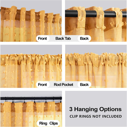 Mustard Yellow Textured Curtains 84 Inch Length 2 Panels for Living Room Bedroom Dining Room Boho Back Tab Rod Pocket Pom Pom Tufted Gold Semi Sheer Curtain 84 Inches Long for Nursery Girls Kids Room