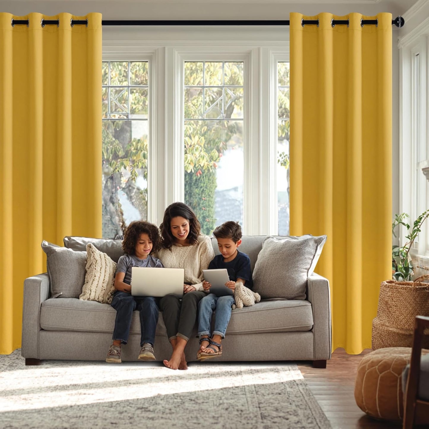 JIUZHEN Blackout Curtains with Tiebacks - Thermal Insulated, Light Blocking and Noise Reducing Grommet Curtain Drapes for Bedroom and Living Room, Set of 2 Panels, Yellow, 42 x 45 Inch Length
