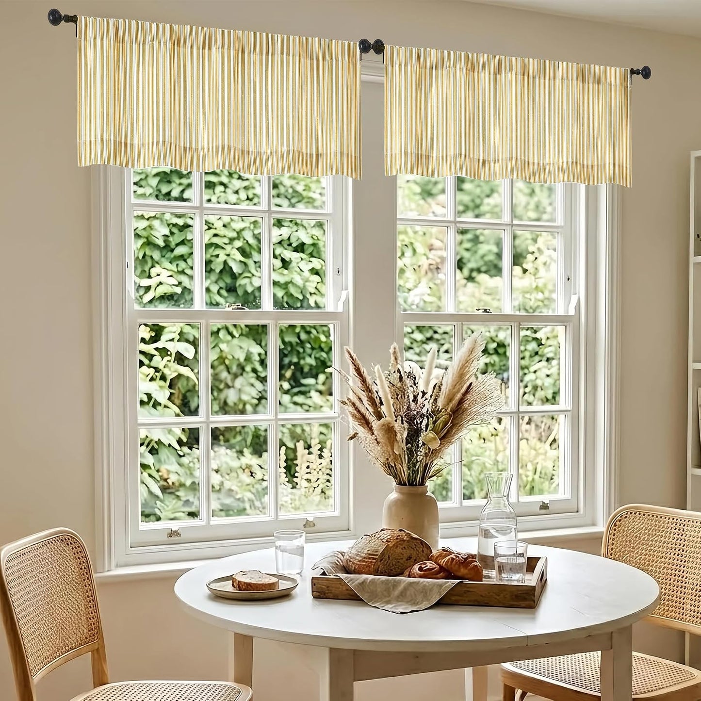 Chyhomenyc Striped Valances for Windows - Light Filtering Faux Linen Small Tier Valance Curtains, Boho Ticking Stripe Rod Pocket Farmhouse Valance for Living Room, 52Wx14L, 2 Pieces, Yellow Gold