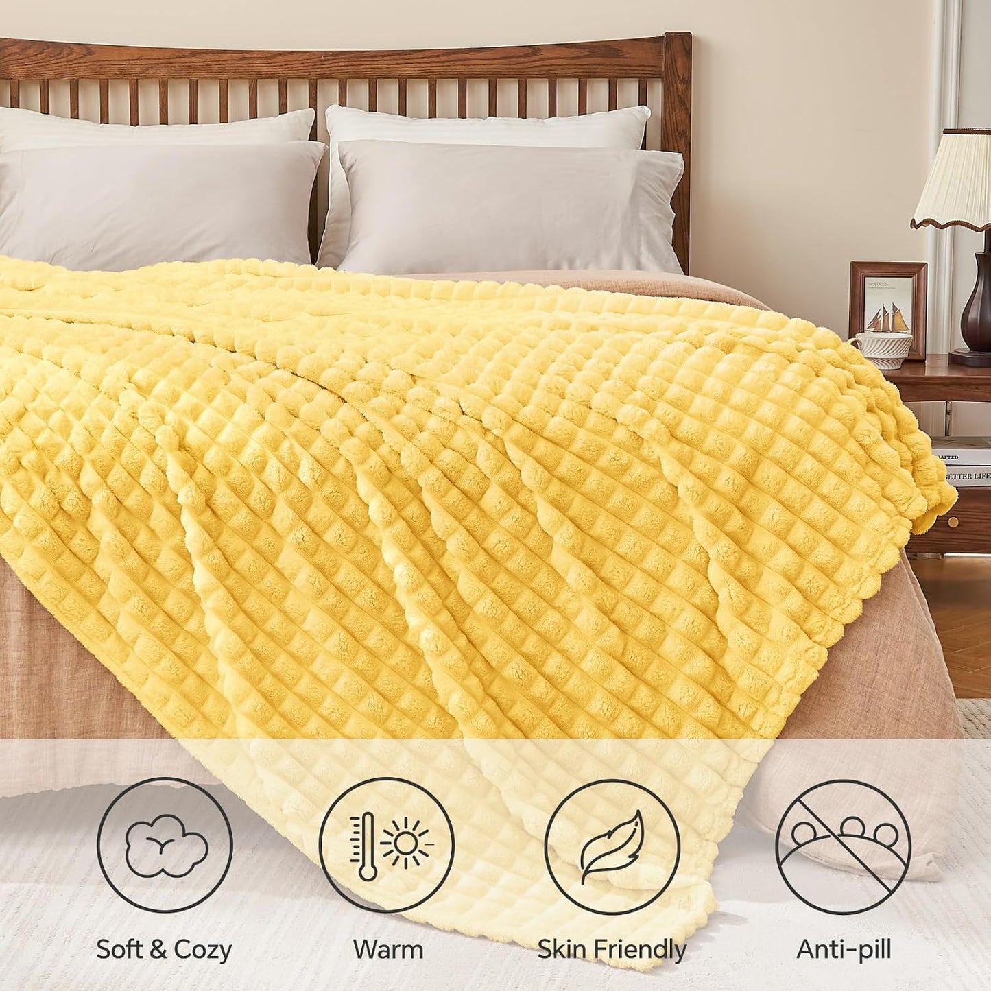 BEDELITE Light Yellow Throw Blanket for Couch - Super Soft Lightweight 3D Checkered Fluffy Fuzzy Fleece Blanket, Luxurious Plush Cozy Blanket for Room Home Decor, Gift for Women, 50x60 inches