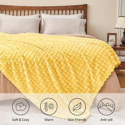 BEDELITE Light Yellow Throw Blanket for Couch - Super Soft Lightweight 3D Checkered Fluffy Fuzzy Fleece Blanket, Luxurious Plush Cozy Blanket for Room Home Decor, Gift for Women, 50x60 inches