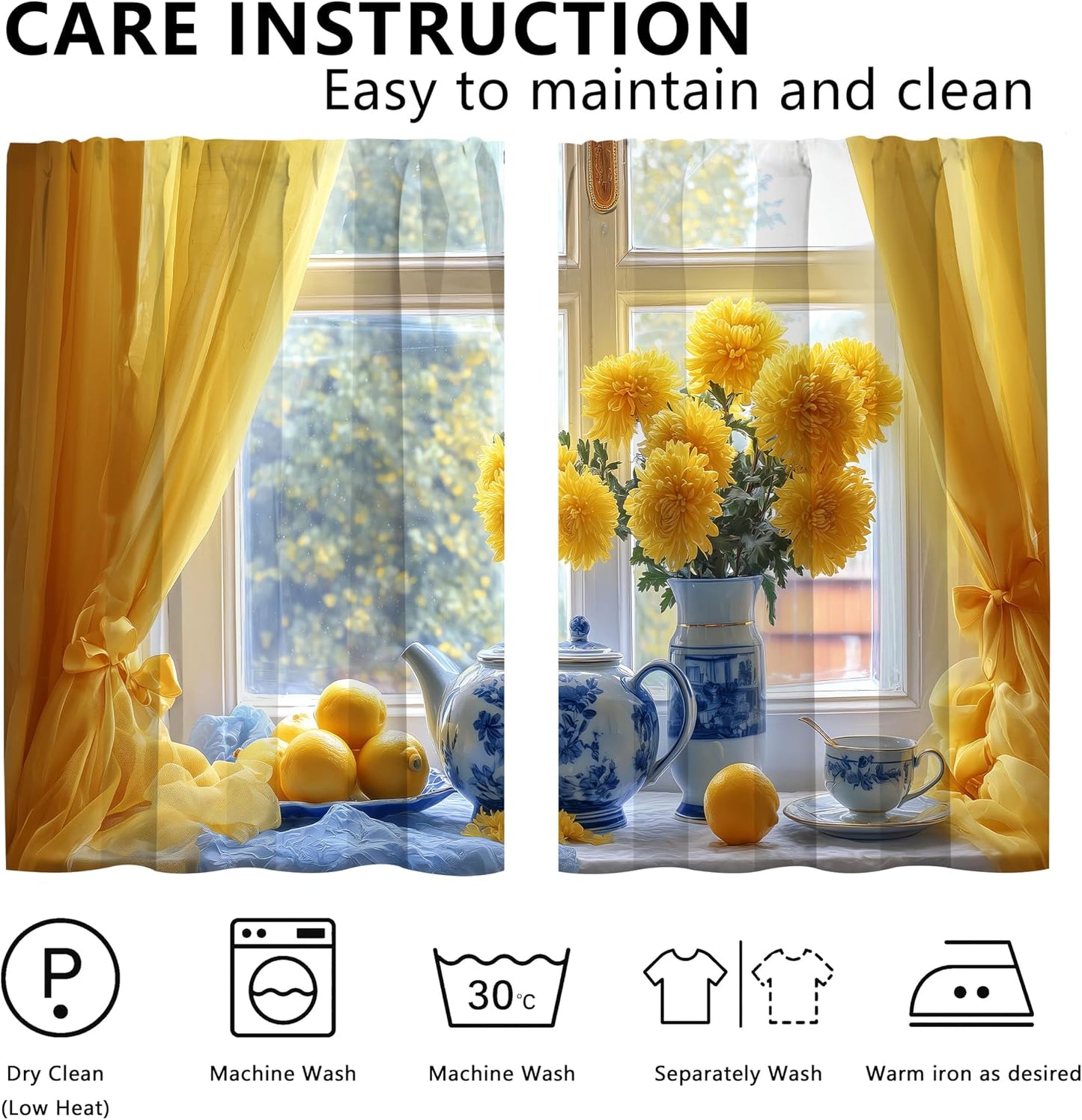 bassyil Yellow Flower Lemon Kitchen Curtains Cafe Curtains for Bathroom Dining Room Living Room Farmhouse Pocket Window Drapes 2 Panels Set Blackout Curtain 28"x36"