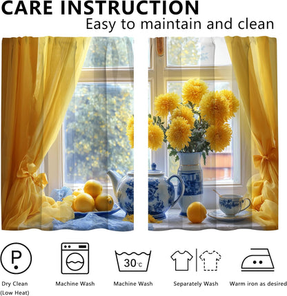 bassyil Yellow Flower Lemon Kitchen Curtains Cafe Curtains for Bathroom Dining Room Living Room Farmhouse Pocket Window Drapes 2 Panels Set Blackout Curtain 28"x36"