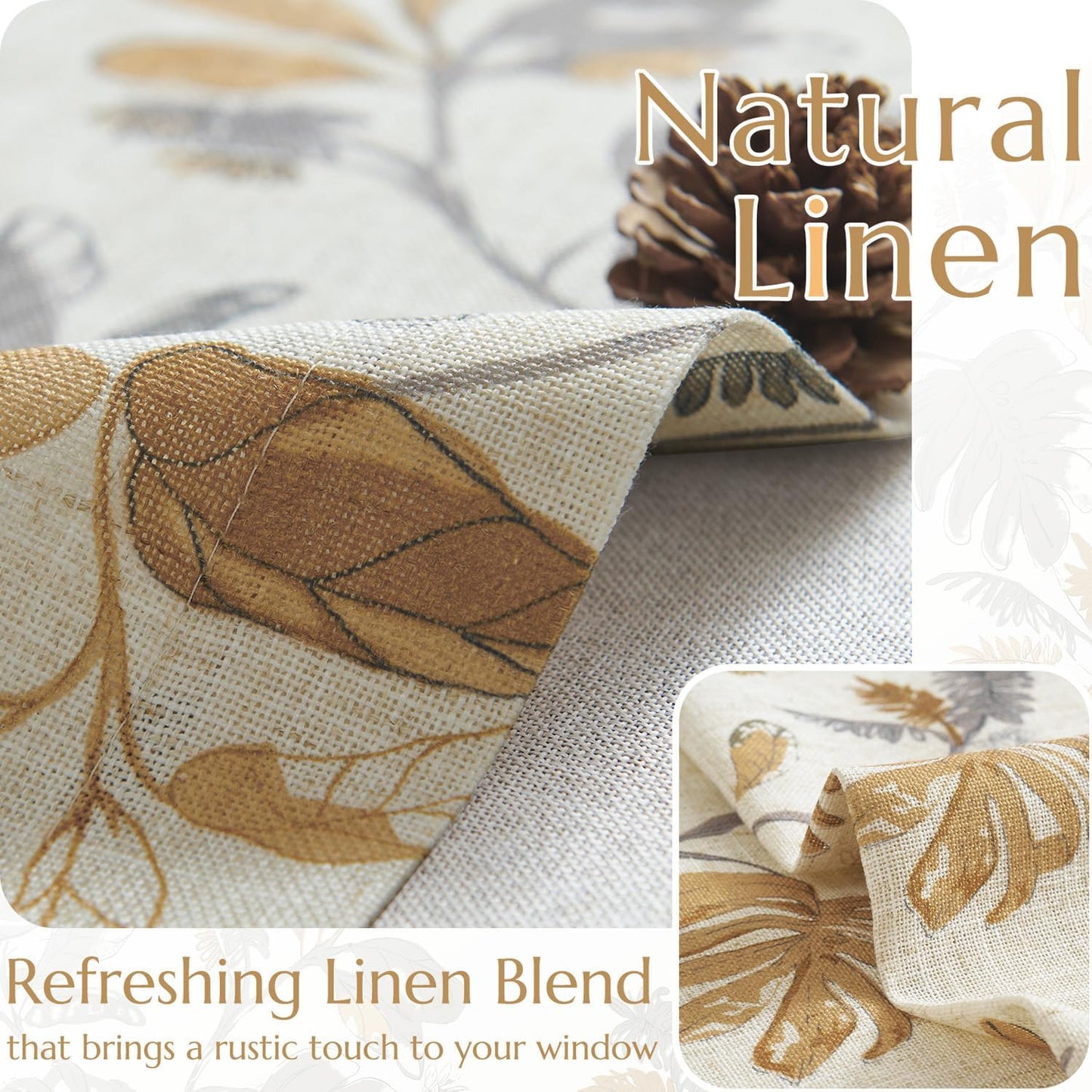 jinchan Linen Valance Double Layer Kitchen Window Curtain Yellow Leaf on Beige Valance for Living Room Cafe Farmhouse Light Filtering Rustic French Country Curtain 16 Inch Rod Pocket 1 Panel