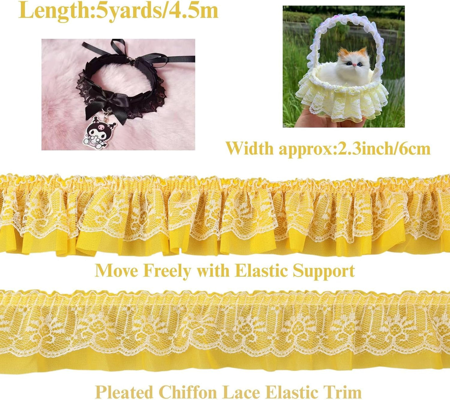 GXTIZAS Yellow Lace Ruffle Ribbon, Double Layer Pleated Chiffon Lace Trim, 6cm Wide Elastic Decorative Lace Edge for Sewing, Clothing, Pillowcase & DIY Craft Decoration (Perfect for 10-15 Projects)