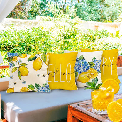 Spring Summer Lemon Pillow Covers Blue Hydrangea 18 x 18 Inch Throw Pillows, Hello Sunshine Decorative Farmhouse Cushion Case for Sofa Couch Set of 4