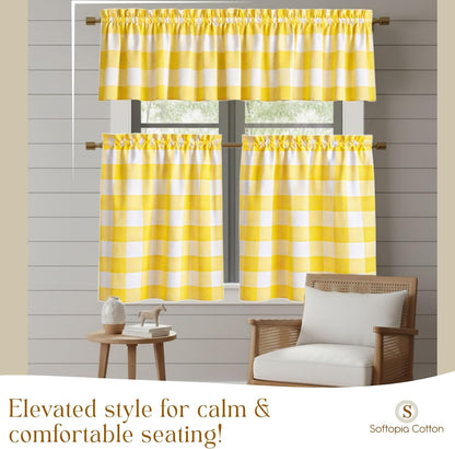 Buffalo Check Farmhouse Window Curtain Set, Valance 54x18 with Tier Curtains 26x36, 3 Piece Rod Pocket Curtains for Kitchen, Dining, Bathroom, Café Décor, Lemon Yellow