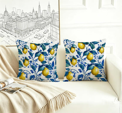 Blue Lemon Pillow Covers 18x18 Set of 2, Mediterranean Italian Lemon Floral Tile Decorative Throw Pillow Covers, Double-Sided Cushion Covers for Couch Sofa Farmhouse Spring Summer Kitchen Home Decor
