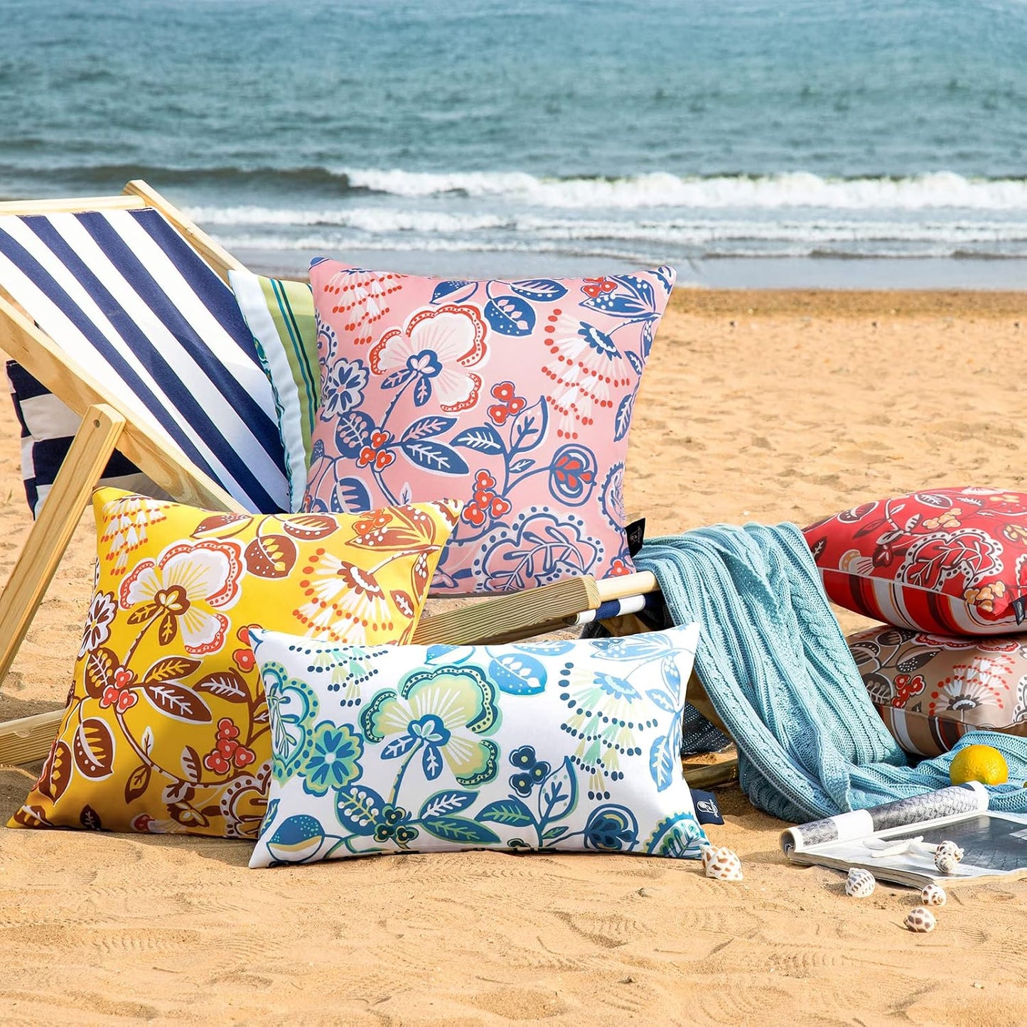 Phantoscope Pack of 2 Outdoor Indoor Throw Decorative Pillow Cover Decorative Waterproof Striped Floral Patio Pillows Cushion Case for Couch Tent Park, Yellow 20 x 20 Inches
