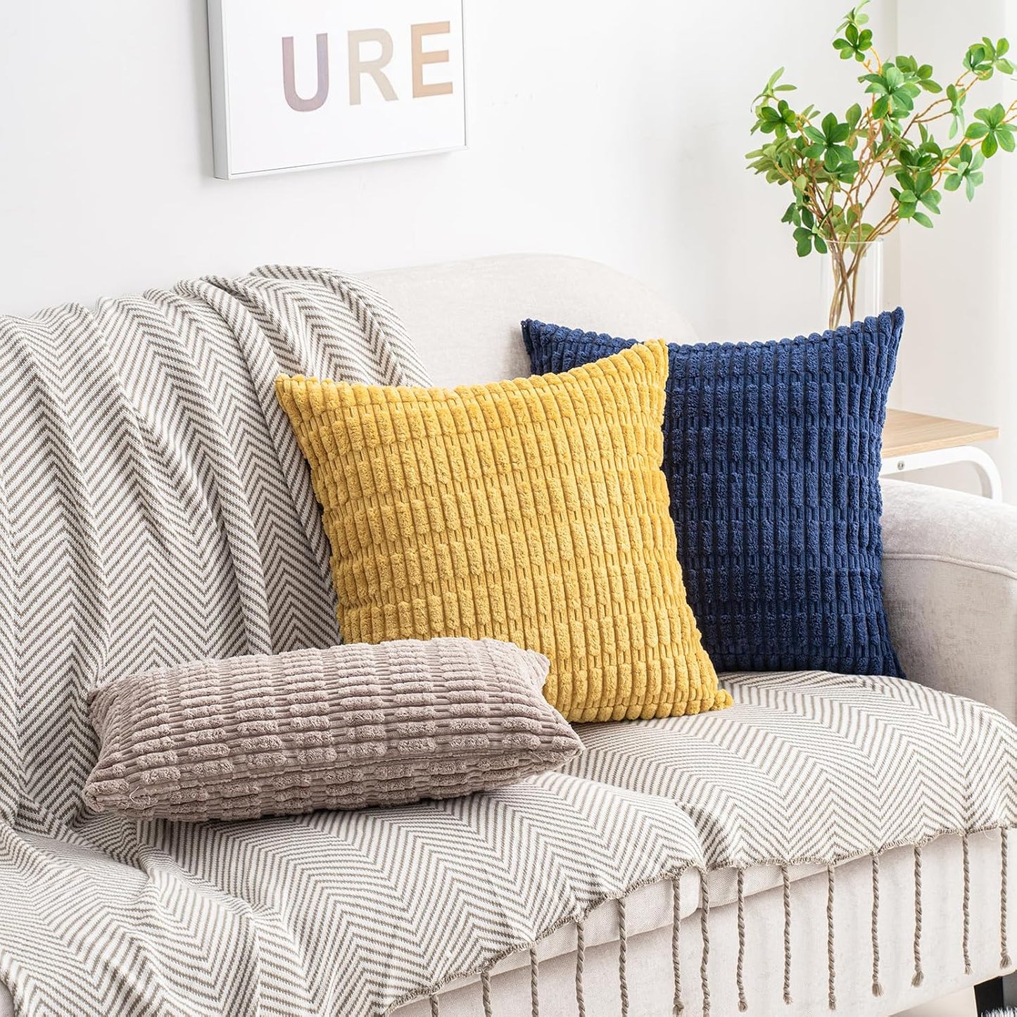 HWY 50 Mustard Yellow Corduroy Decorative Throw Pillow Covers 12x20 Inch Rectangle, Pack of 2, Soft Striped Farmhouse Boho Cushion Cases for Couch Sofa Bed Living Room