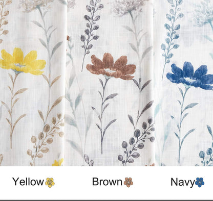 July Joy Printed Sheer Curtains Linen Textured for Living Room Floral Leaf Design Farmhouse Style Window Panel Drapes Set Grommet Treatment for Bedroom, Dining, 52 x 84 inch, Yellow