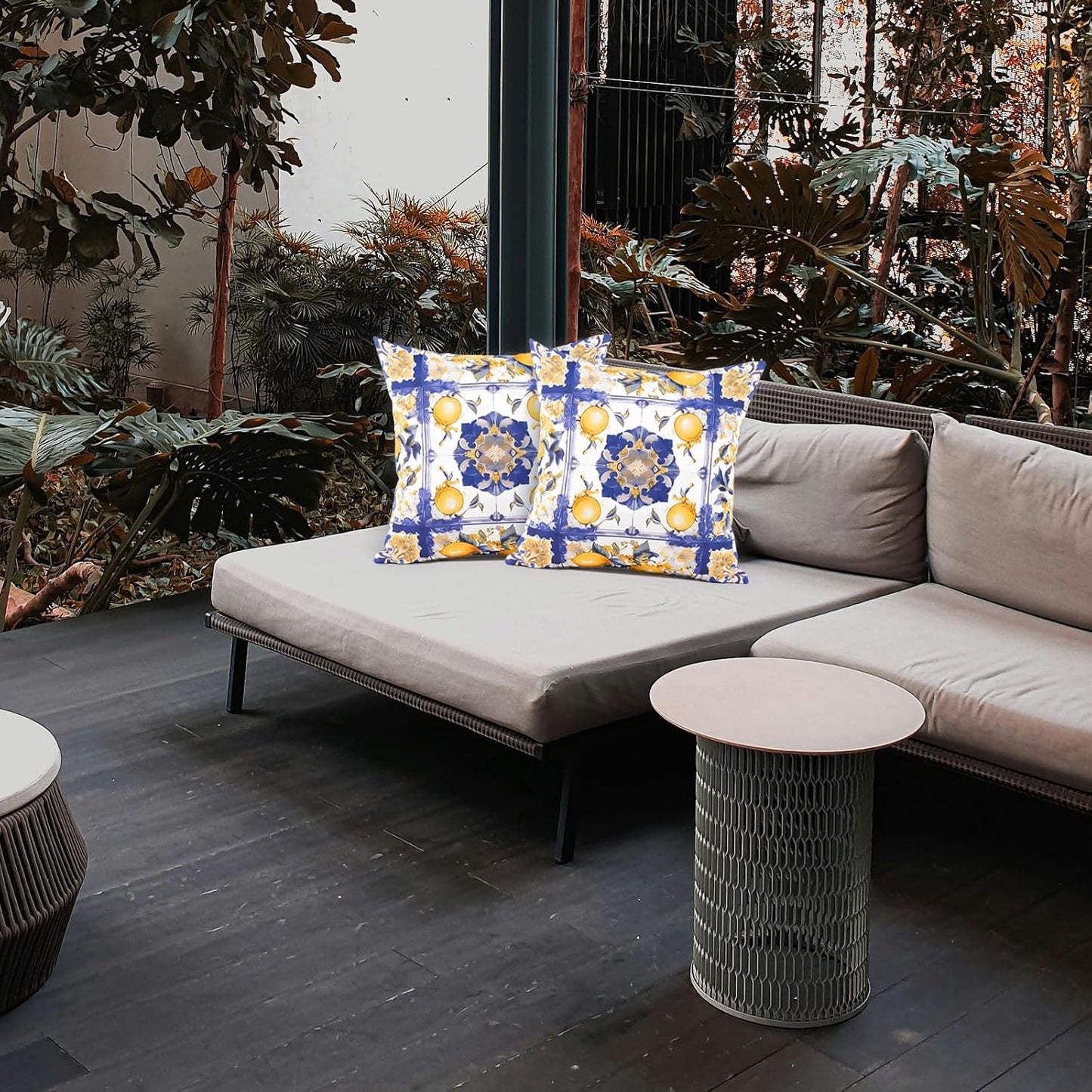 TAJWE Summer Outdoor Pillow Covers 18x18 Inch Set of 2 Italy Lemon Blue and Yellow Decorative Throw Pillowcases Farmhouse Waterproof Square Cushion Cases for Patio Furniture Garden Bench Porch Decor