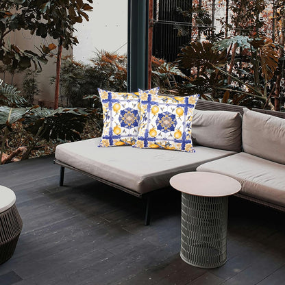 TAJWE Summer Outdoor Pillow Covers 18x18 Inch Set of 2 Italy Lemon Blue and Yellow Decorative Throw Pillowcases Farmhouse Waterproof Square Cushion Cases for Patio Furniture Garden Bench Porch Decor