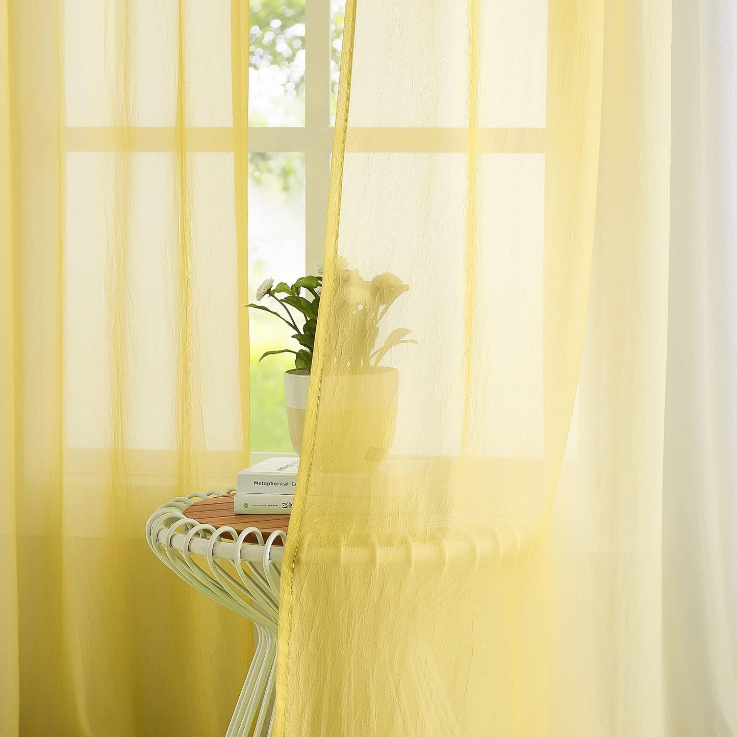 1 Piece Ombre Chiffon Sheer Window Scarf Valance Curtain 18ft for Living Room Bedroom Decor, 216 Inch Long Crinkle Soft Window Sheer Voile Valance for Holiday, Wedding Party Decor, Yellow, 52"W