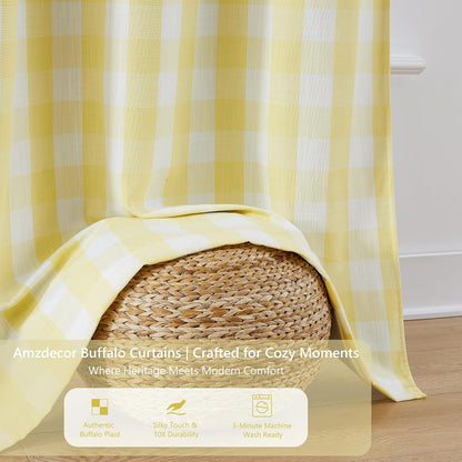 Amzdecor Yellow White Buffalo Plaid Full Blackout Curtains 84 Inch Long for Bedroom Living Room Farmhouse Check Patterned Drapes Thermal Insulated Soundproof Grommet Window Treatment, 2 Panels,40"x84"