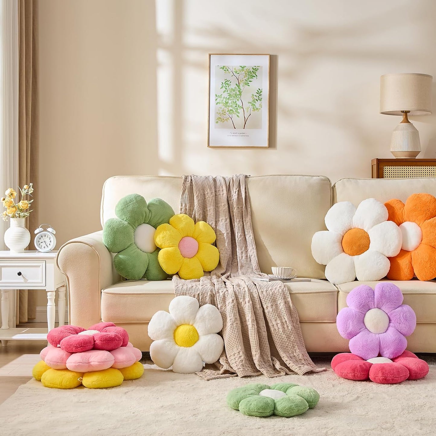 CANGHI Flower Pillow White Yellow 15.7" Plush Throw | Cute daisy shaped aesthetic cushion for bed, sofa, chair & floor seating, cozy floral home accent.