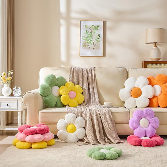 CANGHI Flower Pillow White Yellow 15.7" Plush Throw | Cute daisy shaped aesthetic cushion for bed, sofa, chair & floor seating, cozy floral home accent.