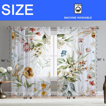 Floral Sheer Curtains for Living Room 63 inch Length 2 Panels Set Elegant Yellow Flower Spring Printed Window Curtain Chiffon Drapes for Bedroom
