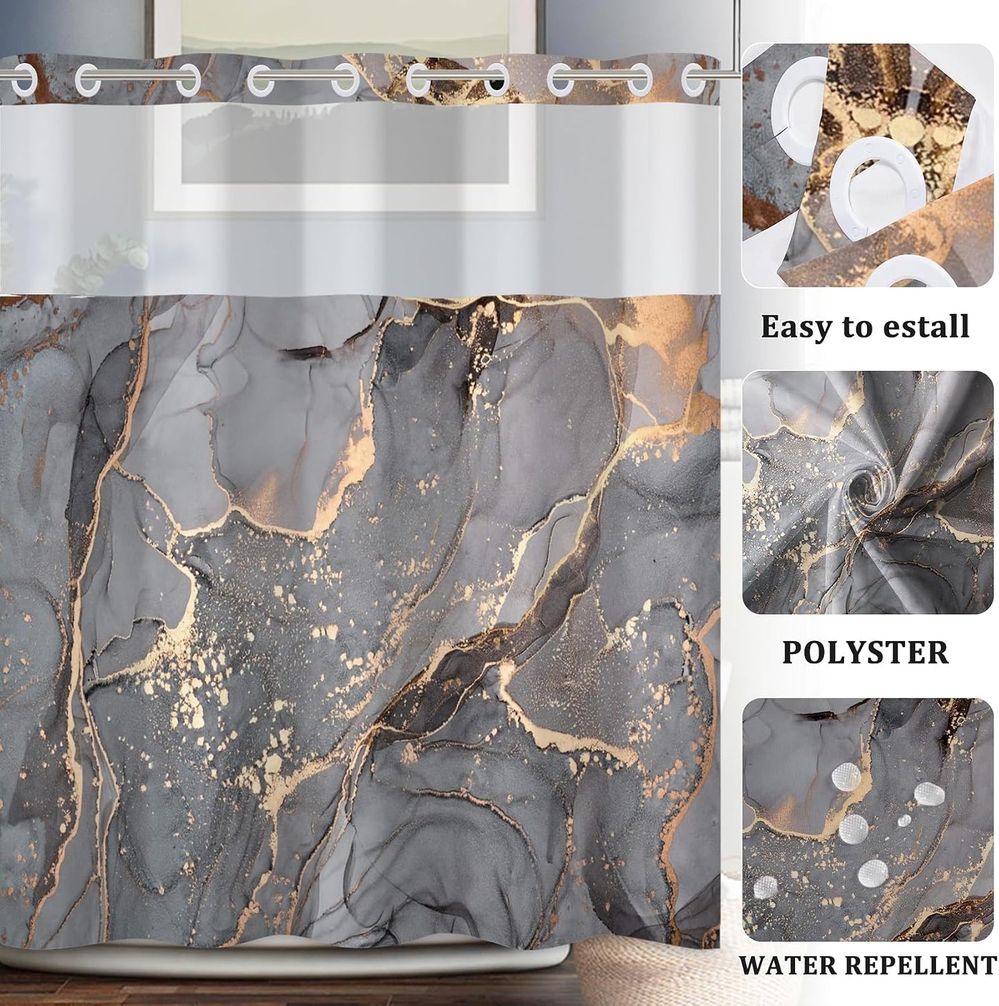 Gray Yellow Marble No Hook Shower Curtain with Snap in Liner Stylish Texture Shower Curtains for Luxury Hotel Grade Spa Bathroom Decor Double Layer Bathtubs Hotel Curtain Set 71x74 Inch