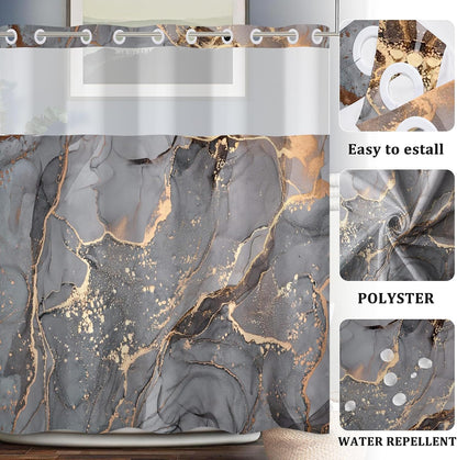 Gray Yellow Marble No Hook Shower Curtain with Snap in Liner Stylish Texture Shower Curtains for Luxury Hotel Grade Spa Bathroom Decor Double Layer Bathtubs Hotel Curtain Set 71x74 Inch