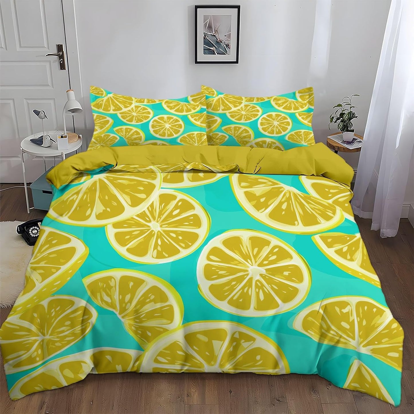 Vector Illustration Fruit Lemon Slice Microfiber Duvet Cover Set Twin (68 x 90 in) 2pcs Bedding Set for Kids Girls Boys Teens Room Decor, Ultra Soft Comforter Quilt Cover with 1 Pillow Shams, Yellow