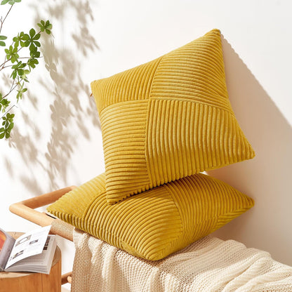 Topfinel Set of 2 Decorative Yellow Throw Pillow Covers 18x18 Inch for Couch Sofa Bed, Farmhouse Boho Rustic Home Decor,Soft Corduroy Windmill Textured Striped Patchwork Cushion Cases